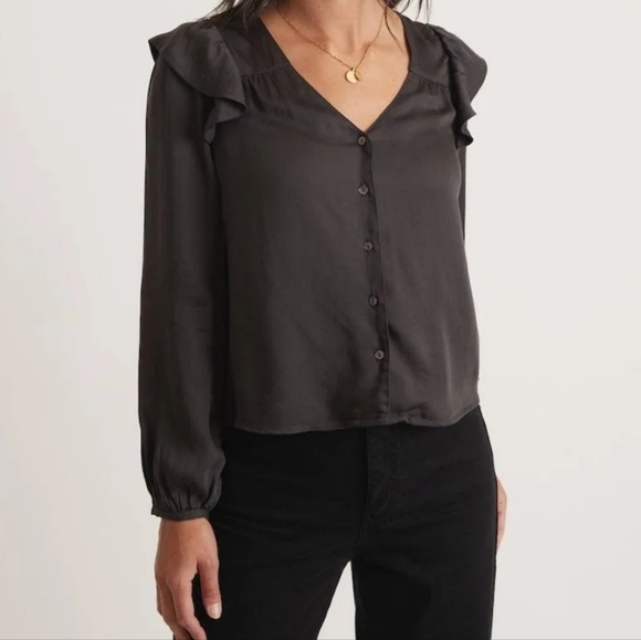 Marine Layer Charcoal Rory Long Sleeve Ruffle Blouse - Picture 1 of 7